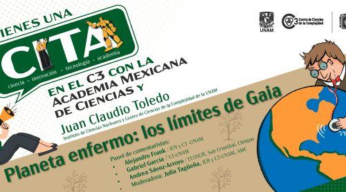 Cartel de la CITA Planeta enfermo: los límites de Gaia. Aparece una caricatura de la Tierra enferma siendo revisada por un médico.