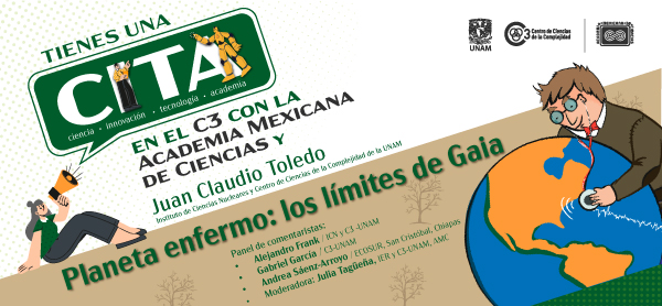 Cartel de la CITA Planeta enfermo: los límites de Gaia. Aparece una caricatura de la Tierra enferma siendo revisada por un médico.